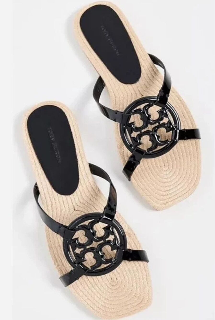 TORY BURCH  BLACK PATENT BOMBE MILLER ESPADRILLE SLIDE SANDAL SIZE - 10